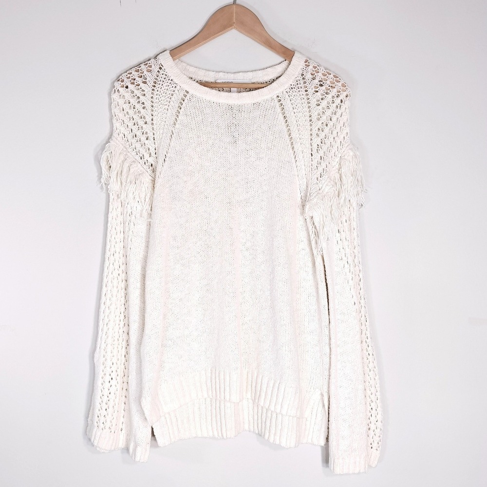 BCBGeneration Off White Sweater; Fringe Pointelle Bell Sleeve NWT
